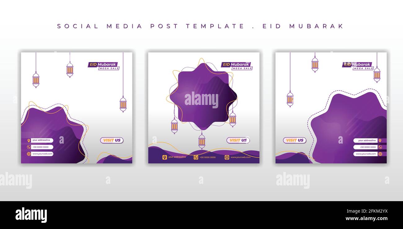 Set von Social Media Post-Vorlage mit violettem Design. Eid Mubarak Hintergrunddesign. Gute Vorlage für ramadan oder eid Design. Stock Vektor