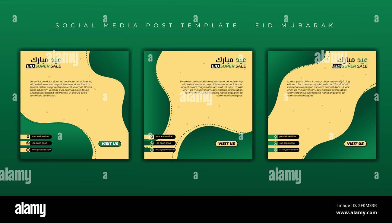 Set von Social-Media-Post-Vorlage mit grün gelbem Design. Eid Mubarak Hintergrunddesign. Gute Vorlage für ramadan oder eid Design. Stock Vektor