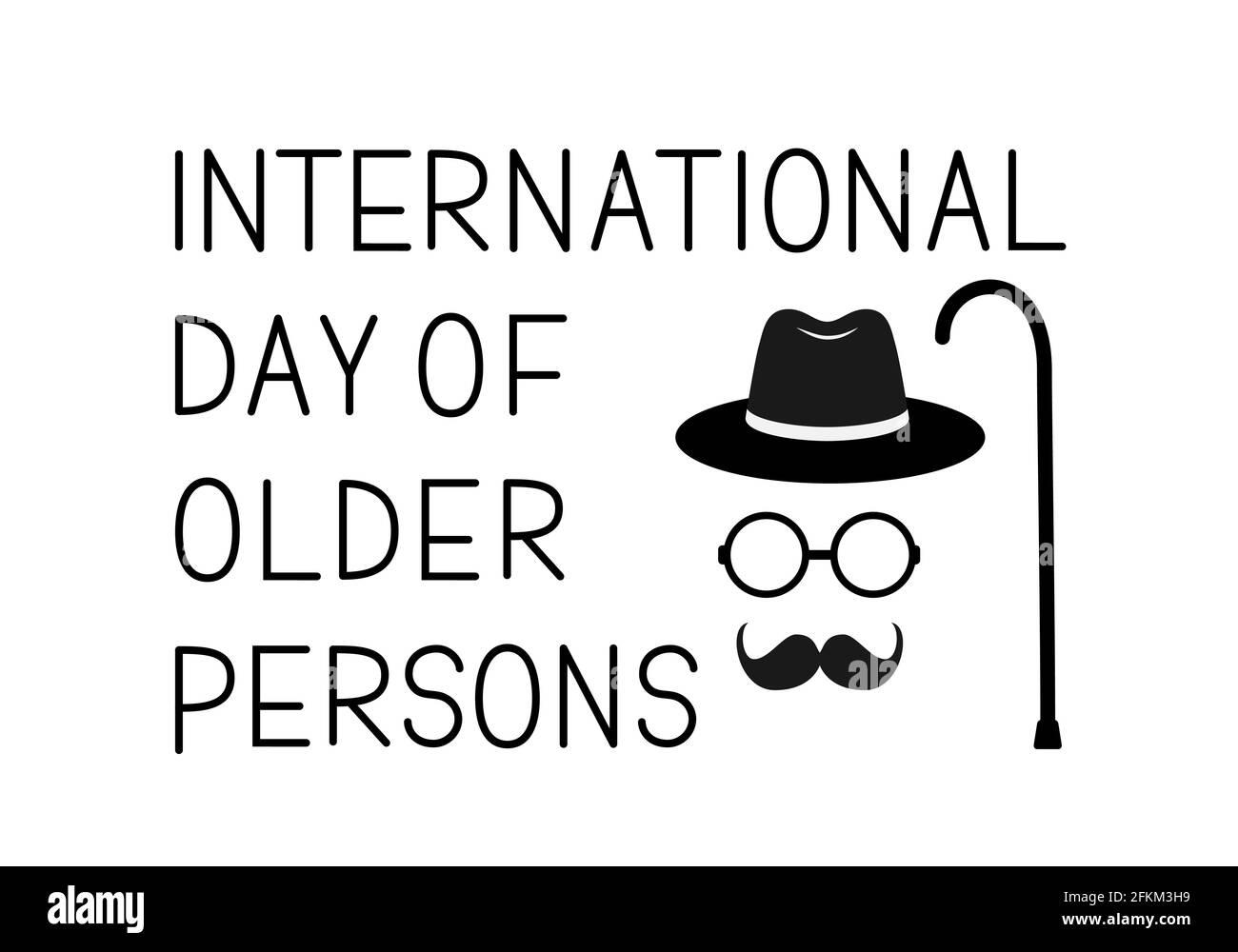 Internationales Banner des Tages der älteren Menschen mit Schnurrbart, Brille, Hut und Stock. Einfach zu bearbeiten Vektor-Vorlage für Typografie Poster, Logo-Design, postc Stock Vektor