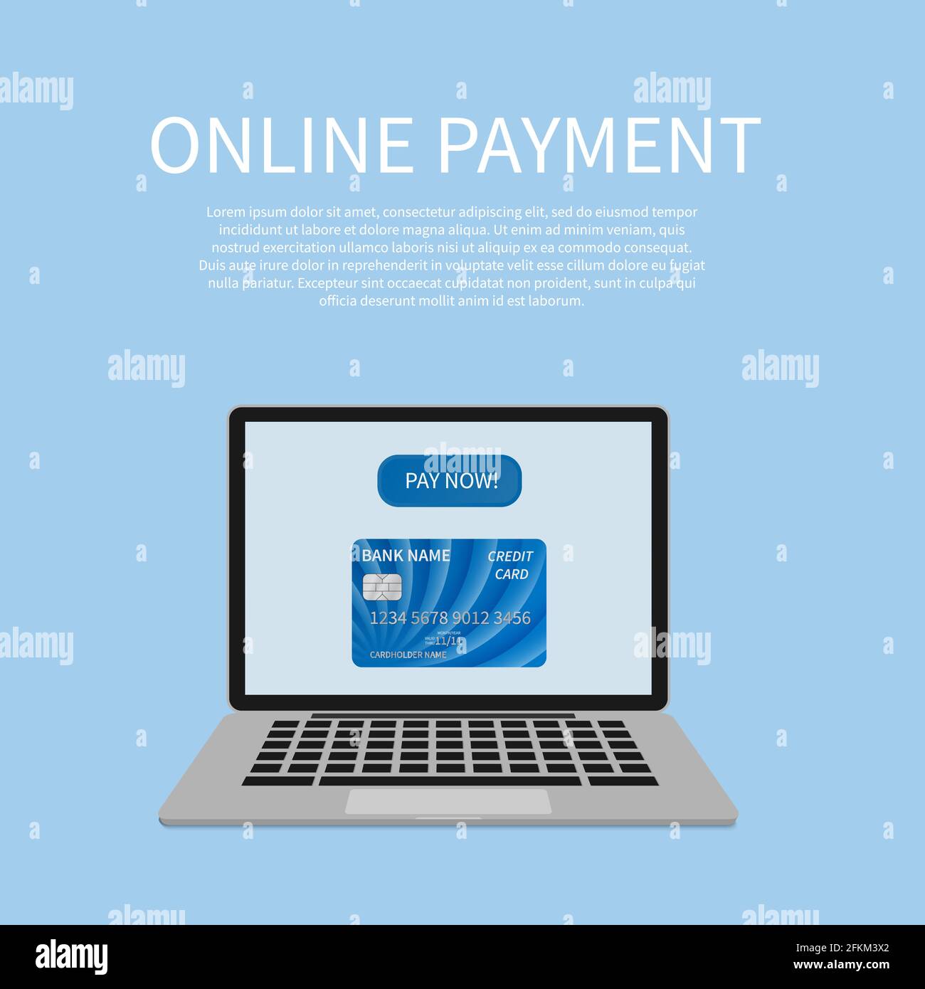 Laptop-Bildschirm mit Schaltfläche „Jetzt bezahlen“ und Kreditkarte. Online-Zahlung oder Shopping Vektor Illustration. Pay-per-Click-Konzept. Leicht zu bearbeitende Designvorlage Stock Vektor