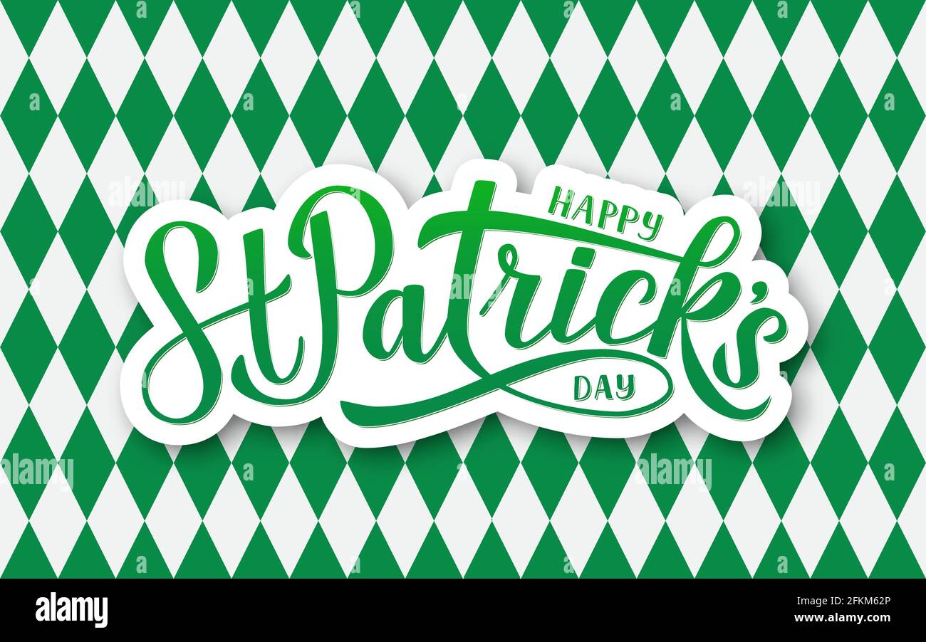 Happy St. Patrick s Day Kalligraphie Handschriftzug auf argyle-Muster. Grün weiß karierter Hintergrund. St. Patricks Tag Grußkarte. Vektor-Templ Stock Vektor