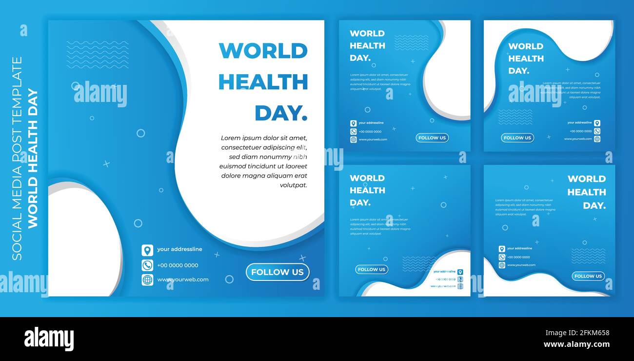 World Health Day Design mit Social Media Post Template. Set von Social Media Post Template mit sportlichem blauem Design. Gute Vorlage für Webbanner oder weiter Stock Vektor