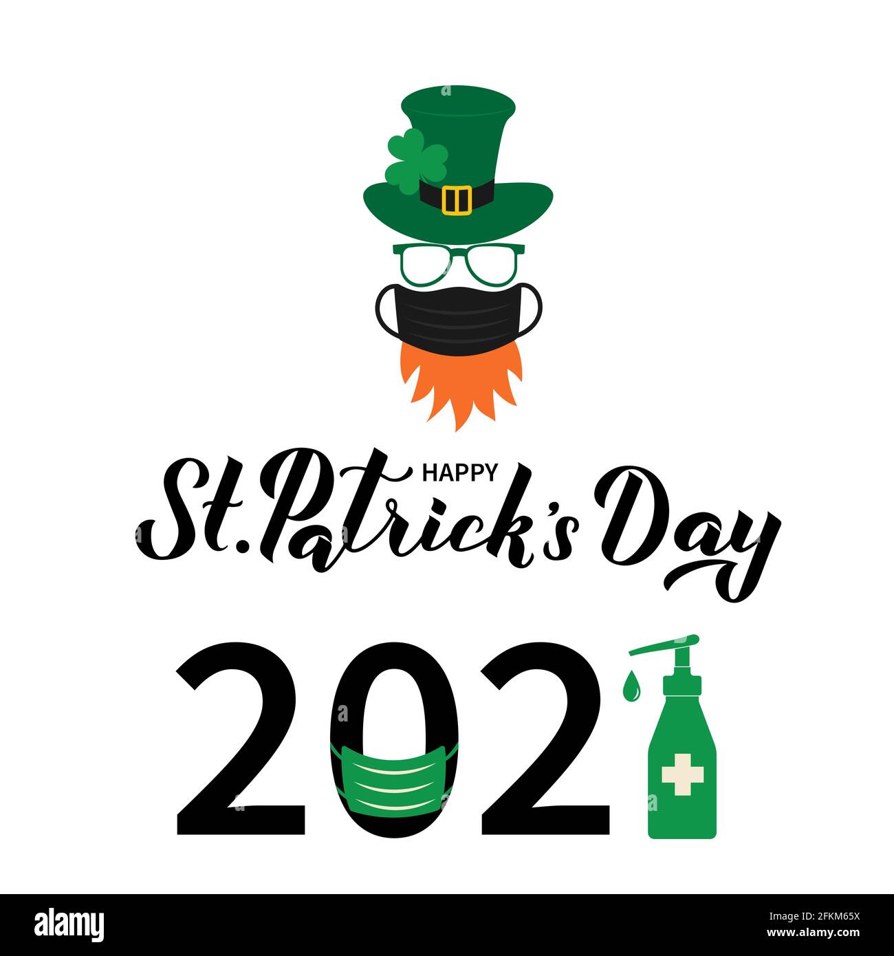 Happy St. Patrick s Day 2021 Schriftzug und Cartoon-Ikone von Kobold mit Gesichtsmaske grünen Hut Kleeblatt. Pandemie Covid Saint Patricks Day. Vektor-Tem Stock Vektor
