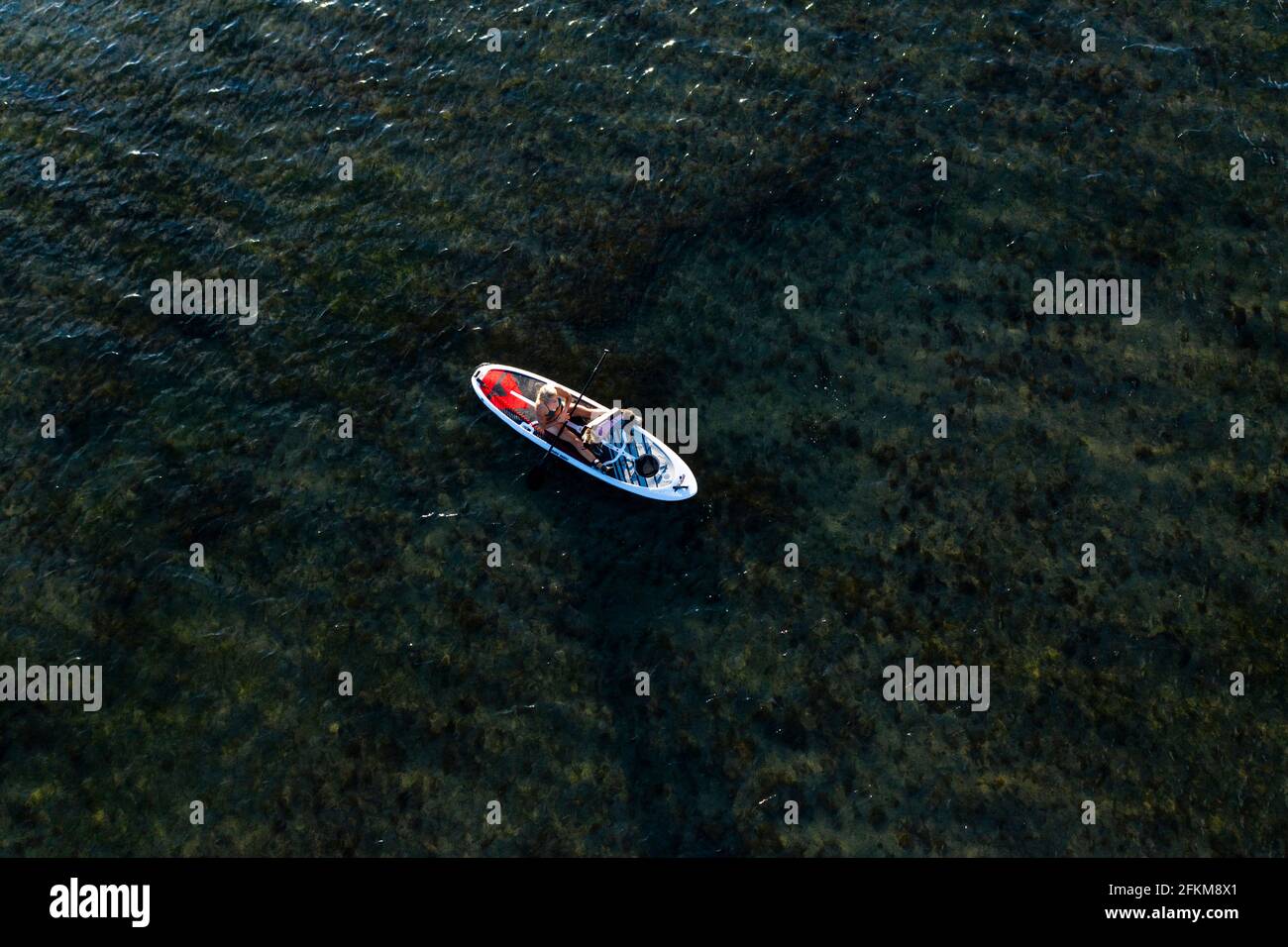Abenteuerliche Frau auf einem Stand-up-Paddle-Board im Meer. Stockfoto