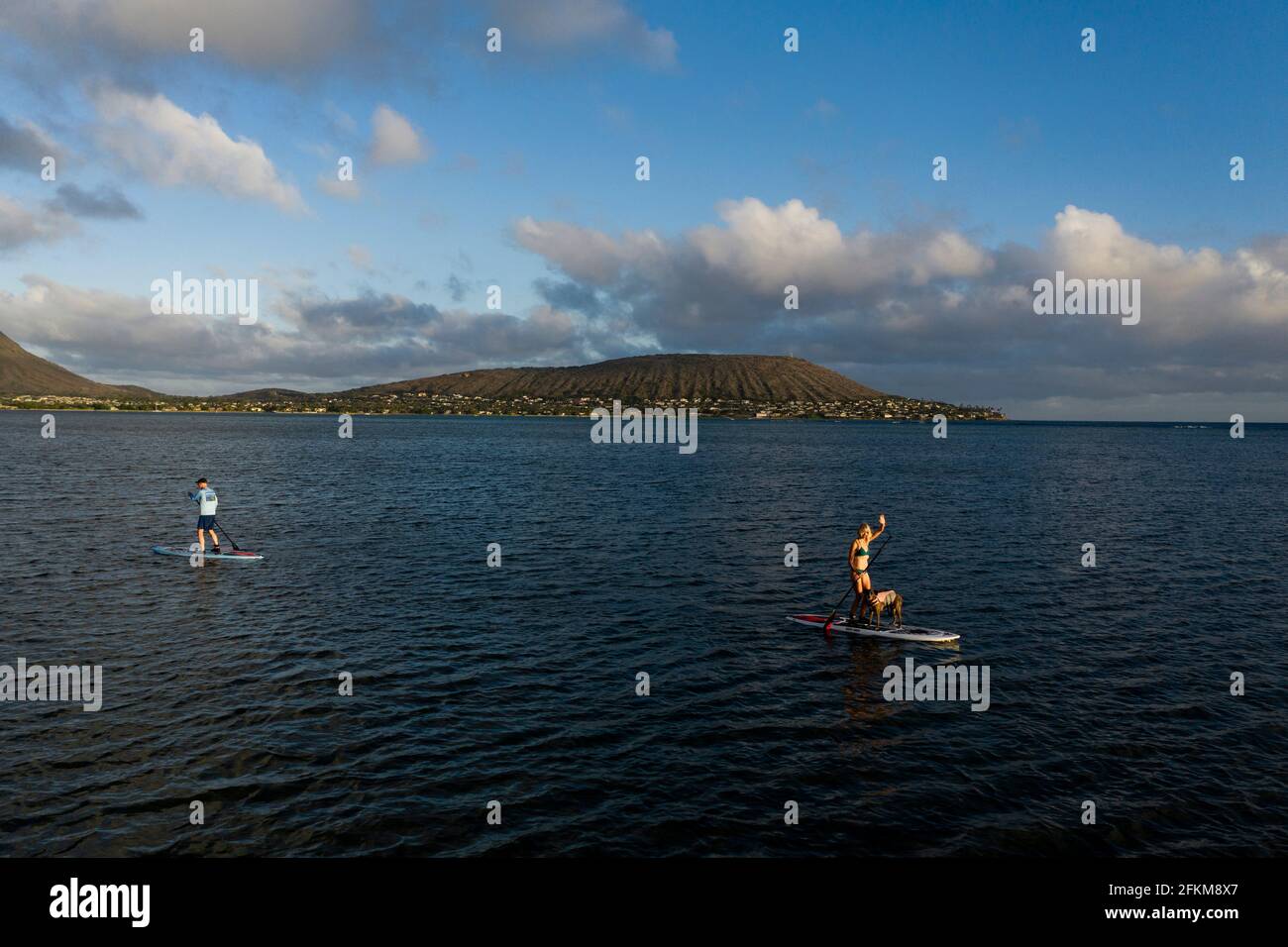Zwei Personen benutzen Stand-up-Paddleboards vor Diamond Kopf Stockfoto
