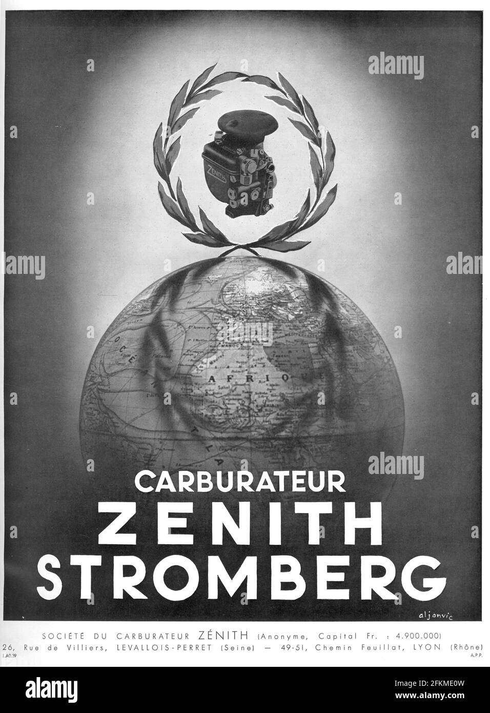 Vintage Zenith Stromberg Carburator Werbung von L'Illustration 1939, Plakatqualität, wiederbelebt und verbessert, 600dpi Stockfoto