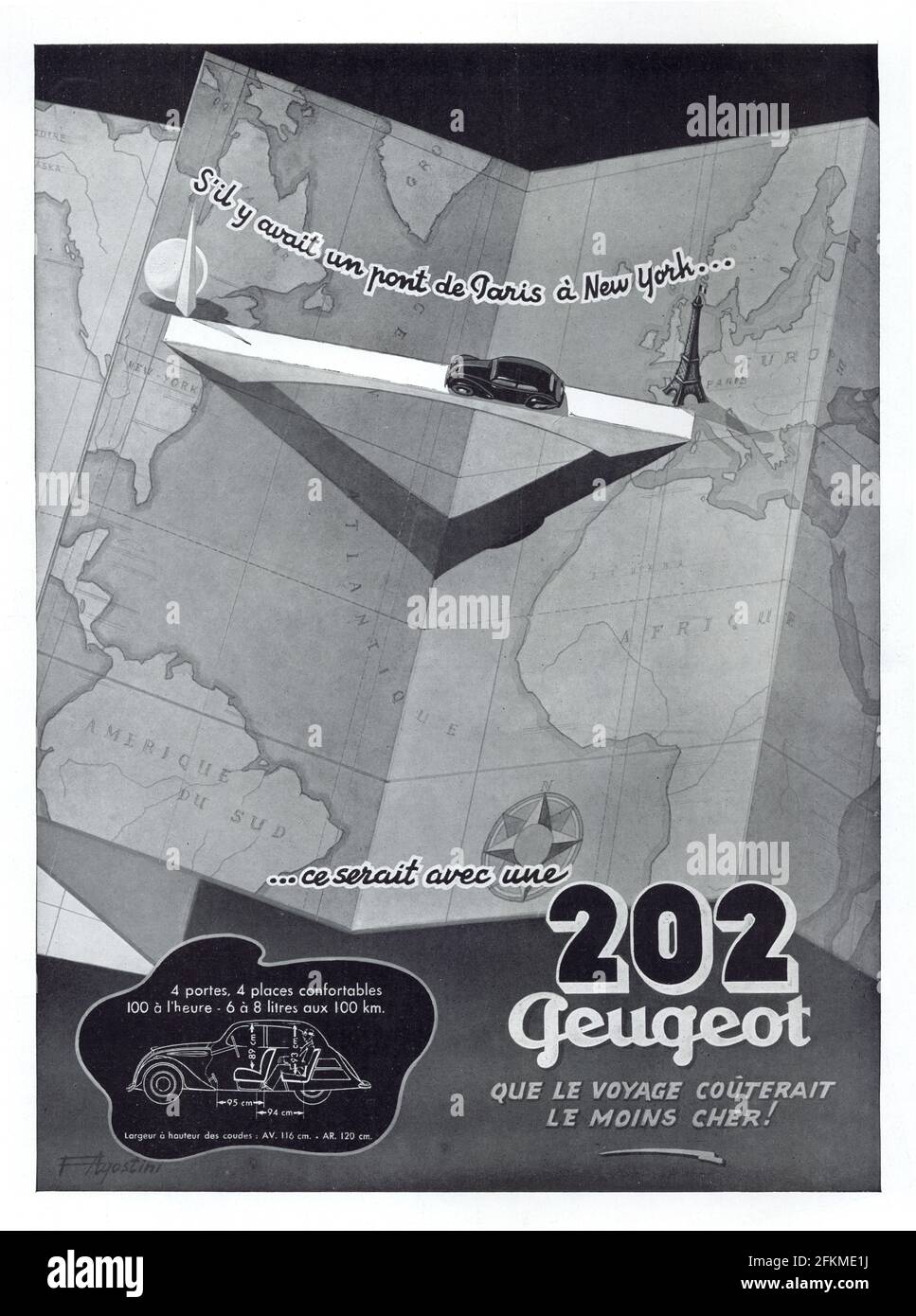 Vintage-französische „Peugeot 202“-Werbung (A3+ Poster-Qualität, 600 dpi) Stockfoto