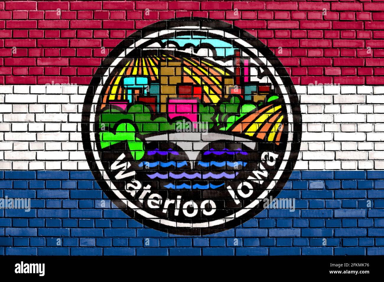 Flagge von Waterloo, Iowa auf Ziegelmauer gemalt Stockfoto