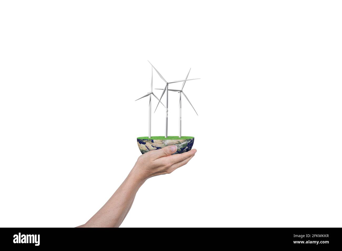 Eco Power-Konzept. Windturbinen und Globus in menschlicher Hand isoliert auf weißem Hintergrund. Elemente dieses Bildes, die von der NASA eingerichtet wurden Stockfoto