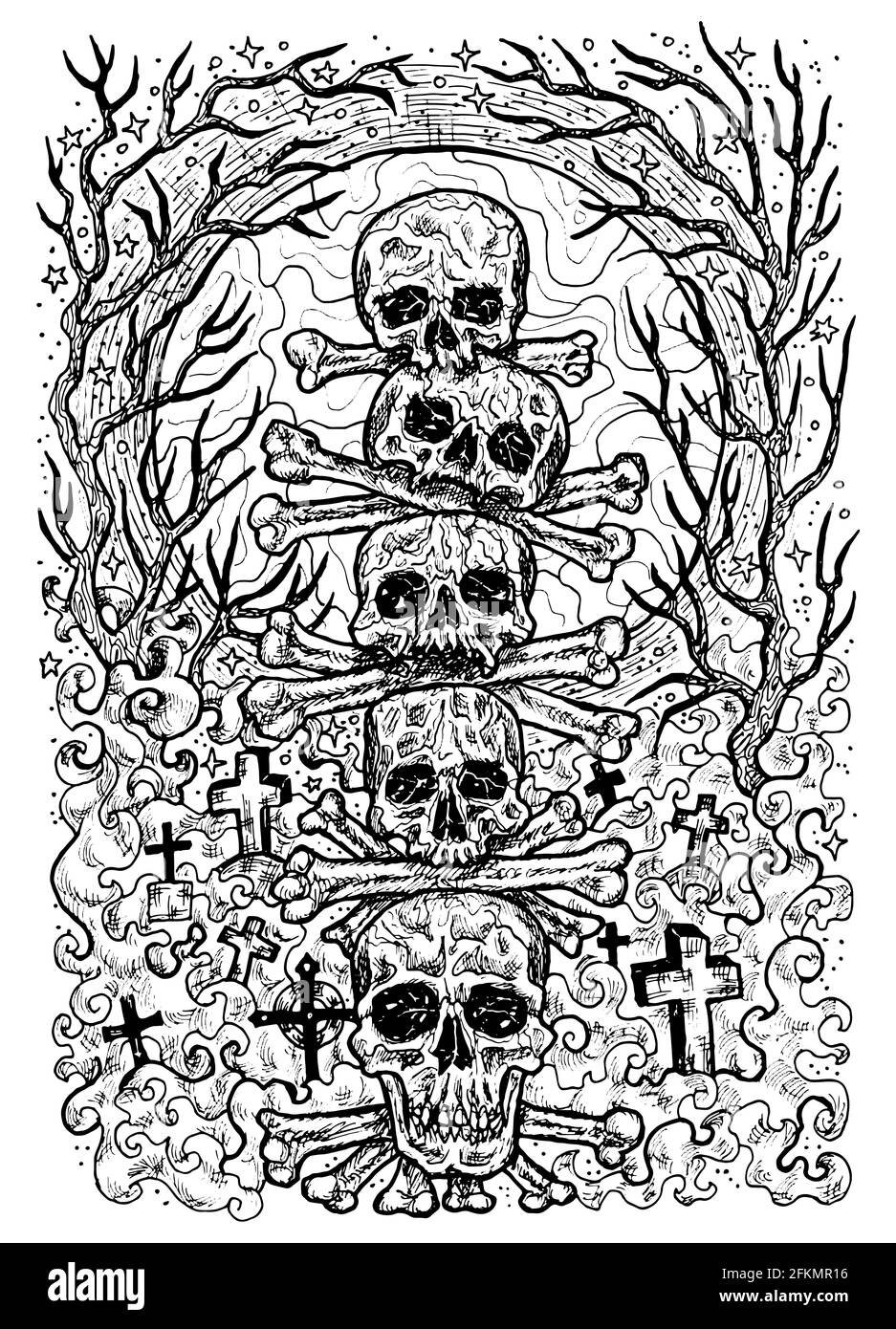 Schwarz-weiß gravierte Illustration von unheimlichen Schädeln und Knochen auf dem Friedhof mit Gräbern, bösen Bäumen und Narrenmond. Mystischer Hintergrund für Halloween, es Stockfoto