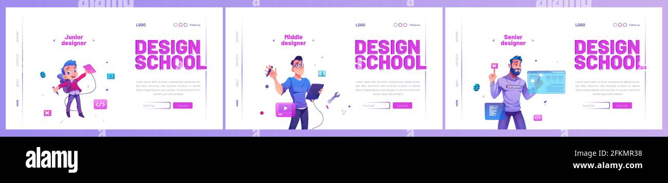 Design Schule Cartoon Landing Pages, Junior-, Mittel-und Senior-Designer erstellen Projekte auf Augmented Reality-Oberfläche Bildschirme. Kreative Kurse, professionelle Online-Bildung, Vektor-Webbanner Set Stock Vektor
