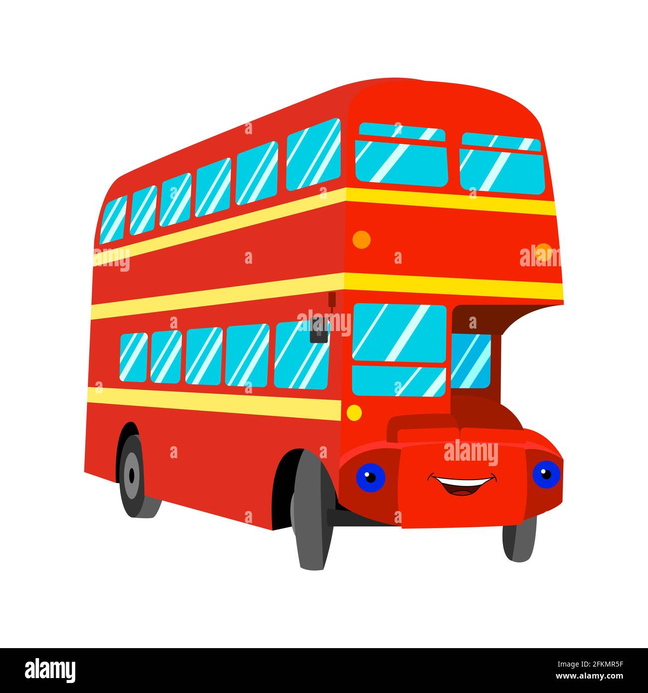 Cartoon roten Bus mit Augen. Doppeldeckerbus, Passagier. Stadtverkehr in England. Vorderansicht. vektor isoliert auf weißem Hintergrund Stock Vektor