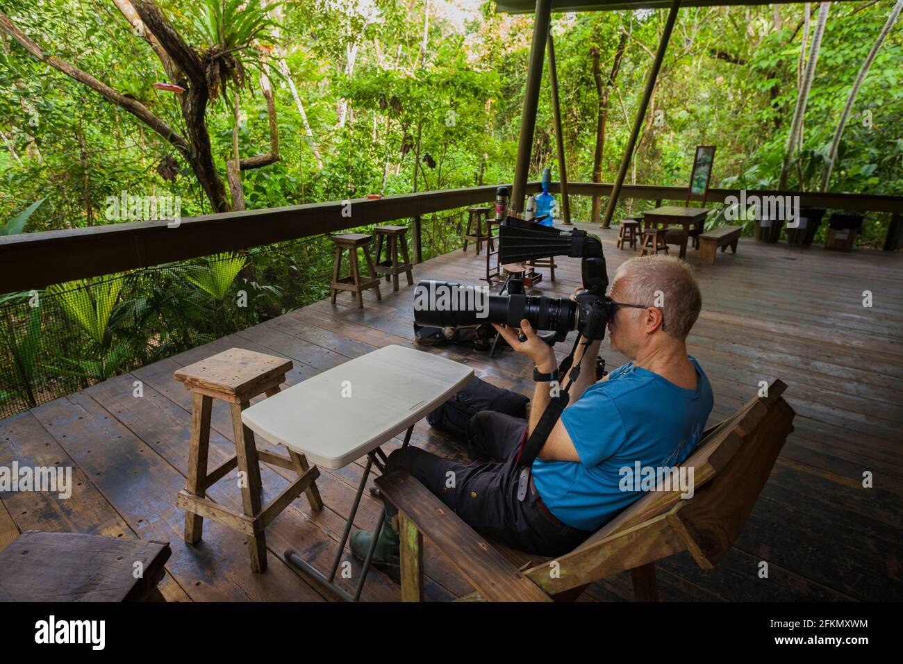 Ein Naturfotograf mit Teleobjektiv fotografiert Kolibris im Rainforest Discovery Center, Soberania National Park, Panama. Stockfoto