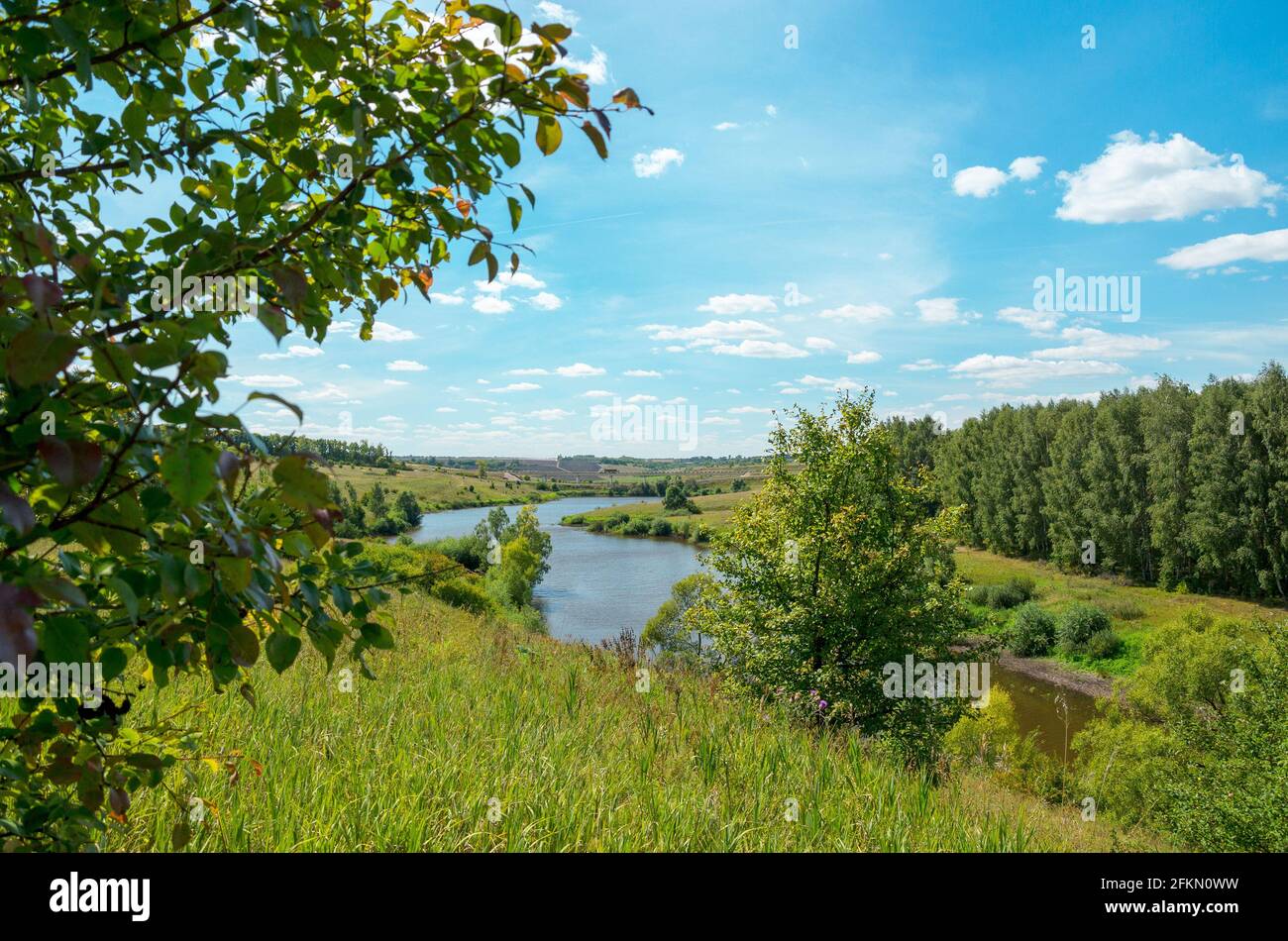 Schöner Panoramablick und ländliche Landschaft mit grünen Hügeln und grünen Bäumen während sonnigen Sommertag. Stockfoto