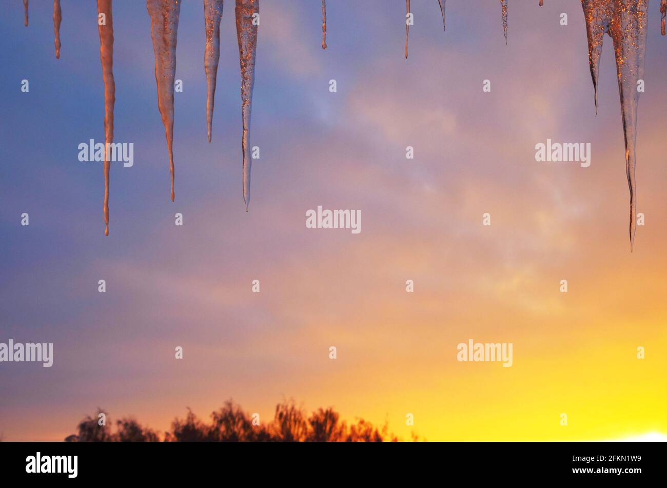 Hängende Eiszapfen auf einem Hintergrund untergehenden Sonnenlichtes und Sonnenuntergangshimmel. Stockfoto