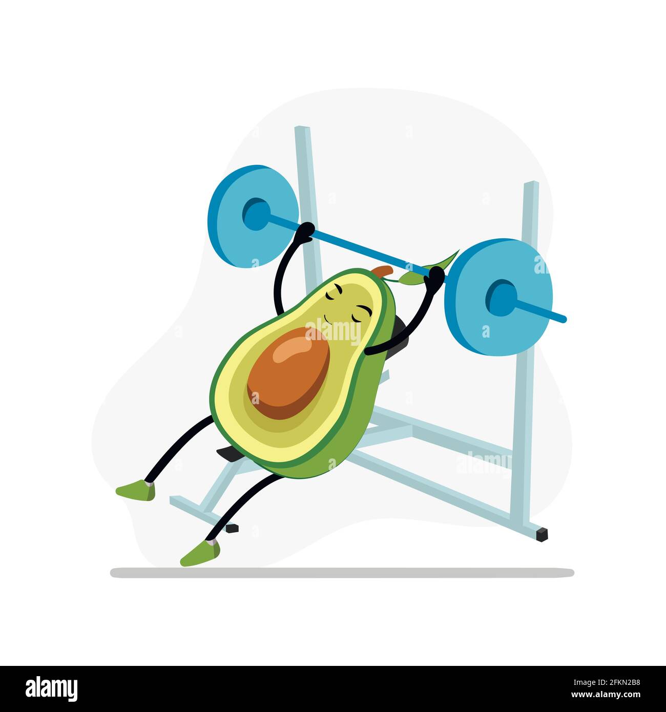 Avocado im Fitnessstudio Bankdrücken, Charakter niedlich aktiv, lustige Lebensmittel, Naturernährung, Sport und Fitness zu tun. Vektorgrafik Stock Vektor