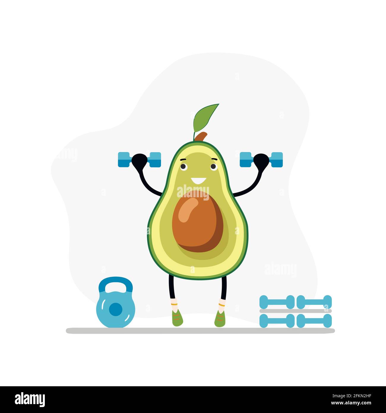 Fitness-Avocado im Fitnessstudio mit Kurzhanteln. Vector Gewichtheben Übung, organisches und natürliches Training, vegan gesund und aktiv Illustration. Ernährung fa Stock Vektor