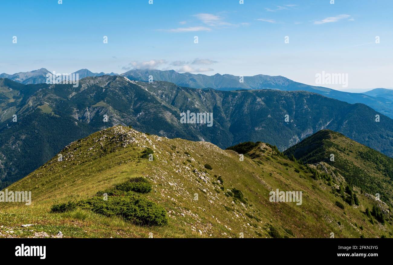 Retezat mountai Range mit Peleaga, Pausa und vielen anderen Hügeln und Adern vom Coada Oslei Hill Summit im Valcan Gebirge in Rumänien während erstaunlicher Summe Stockfoto