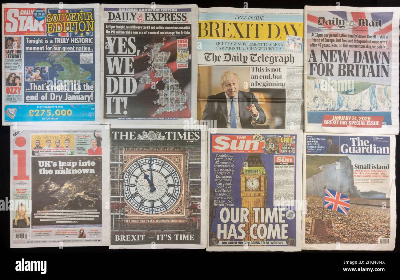 Titelseiten britischer Zeitungen am Tag vor dem Brexit, dem 31. Januar 2020 an dem Tag, an dem Großbritannien aus der Europäischen Union austritt. Stockfoto