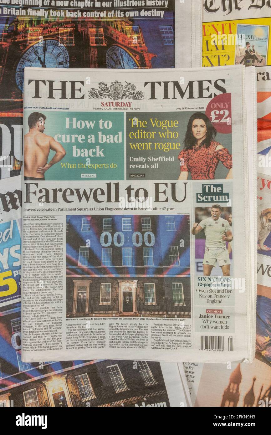 Titelseite der Times am 1. Februar 2020 nach dem Austritt Großbritanniens aus der Europäischen Union am 31. Januar 2020. Stockfoto