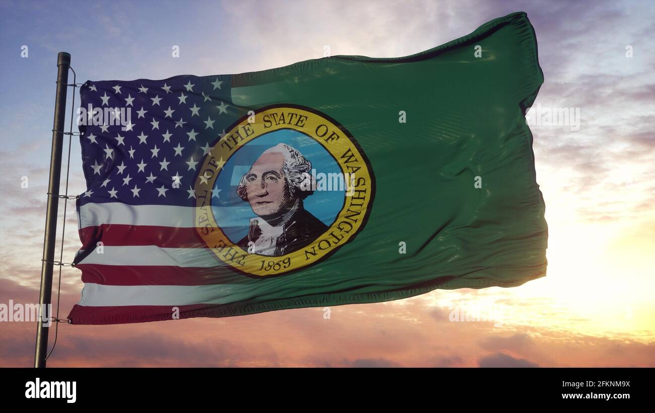Flagge von Washington und USA auf Fahnenmast. USA und Washington Gemischte Flagge winken im Wind. 3d-Rendering Stockfoto