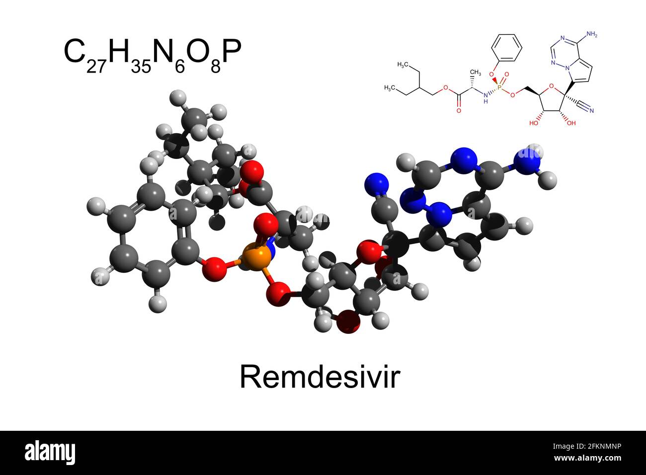 Chemische Formel, Skelettformel und 3D-Ball-and-Stick-Modell von Remdesivir, einem antiviralen Medikament, das gegen Covid-19 wirksam ist, weißer Hintergrund Stockfoto