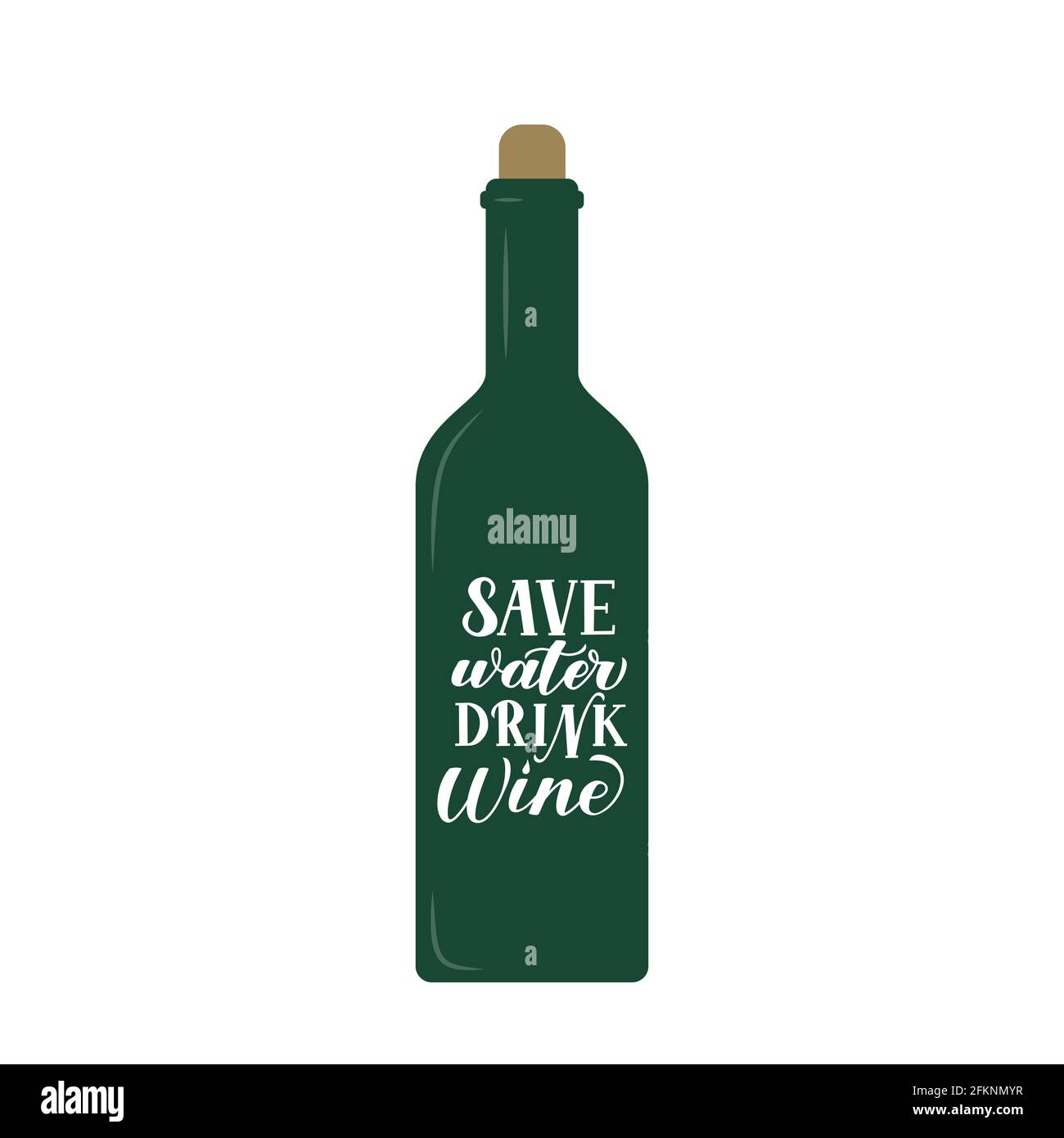 Save Water Drink Wine Hand Lettering geschrieben auf Weinflasche. Lustiges Trinkzitat Typografie Poster. Logo für Weingut oder Restaurant. Einfach zu bearbeitende vecto Stock Vektor