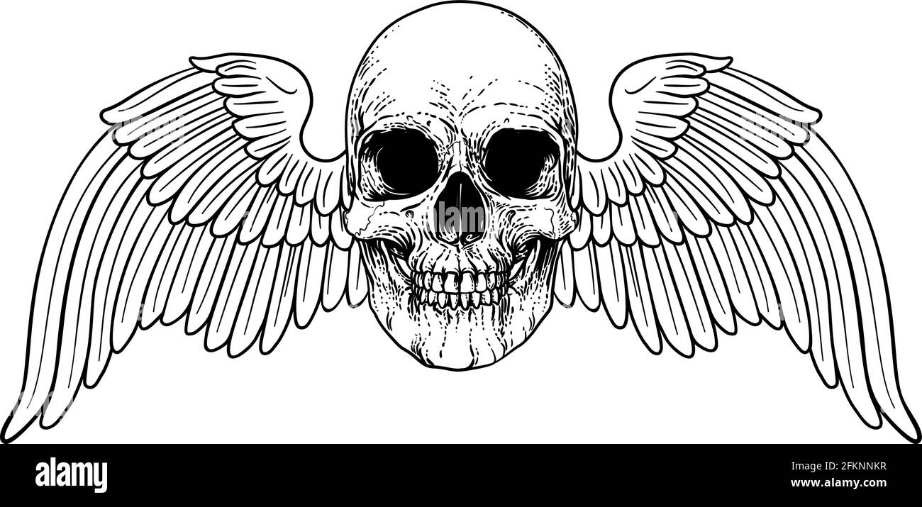 Winged Skull Vintage Holzschnitt Abbildung Stock Vektor