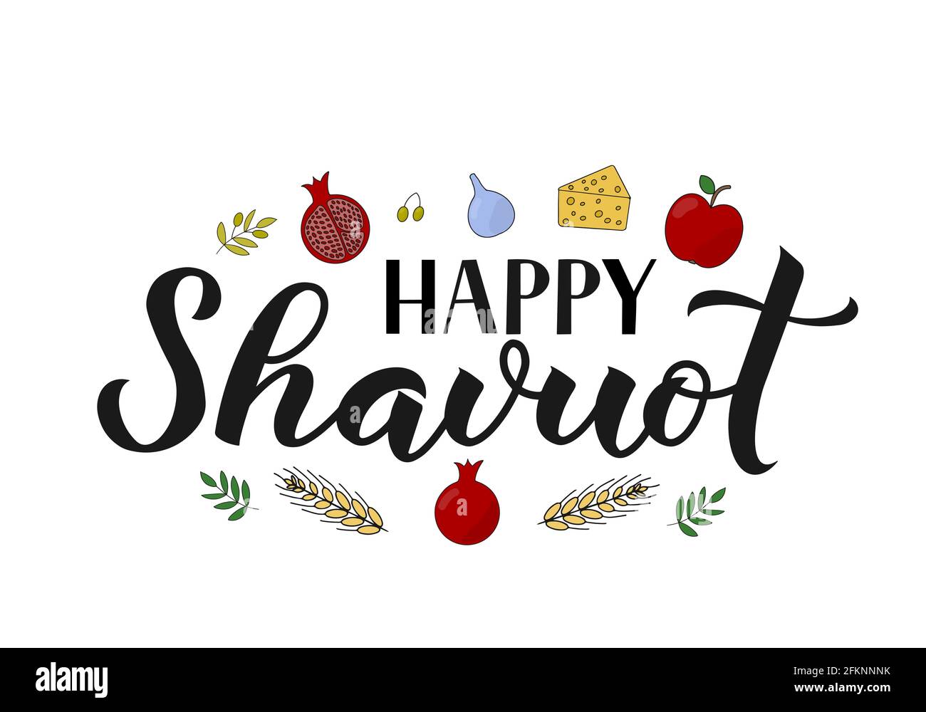 Happy Shavuot Kalligraphie Schriftzug mit handgezeichneten Symbolen. Grußkarte zum jüdischen Feiertag. Einfache Bearbeitung von Vektorvorlagen für Banner, Typografie-Poster, Stock Vektor