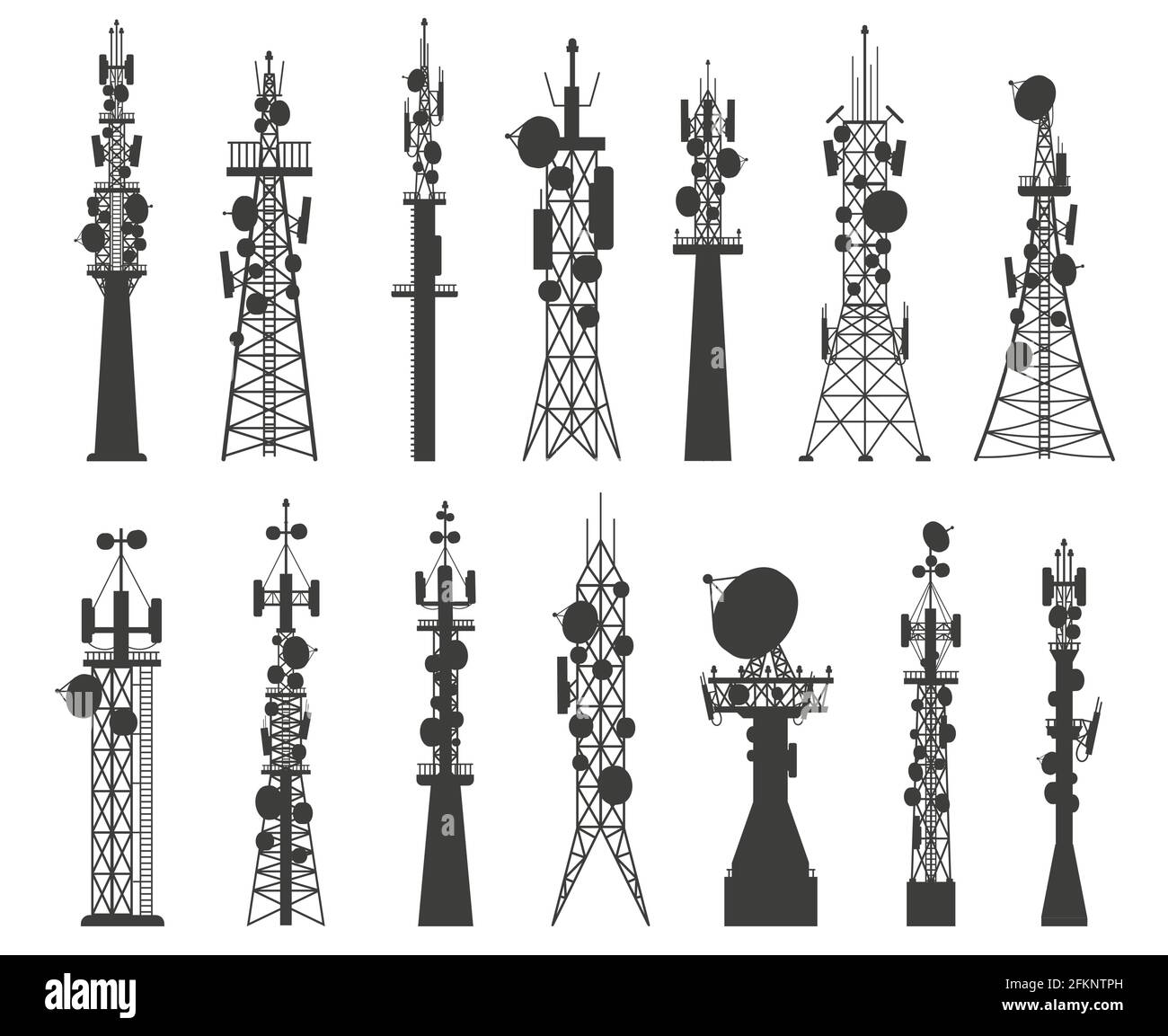 Silhouette des Funkturms. Satellitenantenne. Mobilfunkgeräte für Telekommunikationsnetze. Vektor-Set für drahtlose Technologie-Masten Stock Vektor
