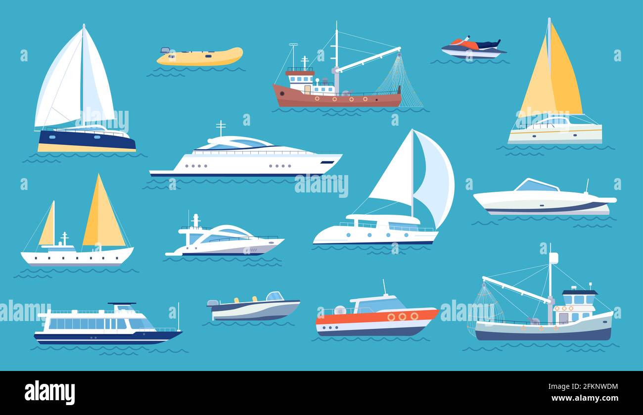 Yachten und Segelboote. Kleiner Seetransport, Motorboot und Fischerboot. Flachmarine-Regatta-Boot, Ozeanschiff mit Segel oder Motor, Vektorset Stock Vektor