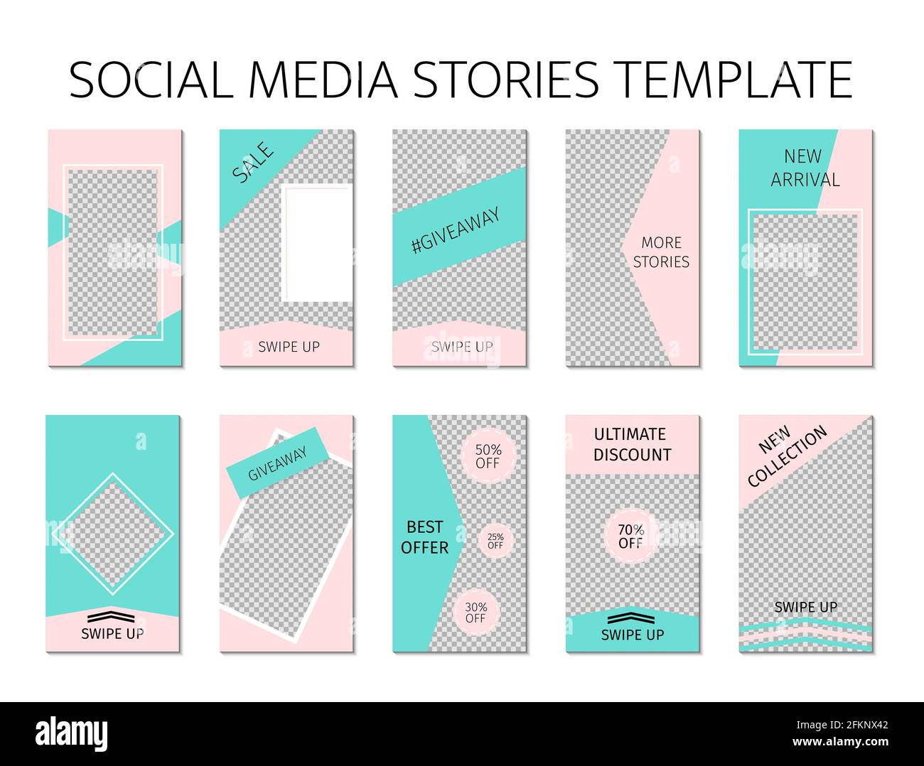 Vorlage für Social-Media-Meldungen. Set von 10 Geschichten Layout für Blogger und SMM. Mintgrün und rosa Pastellfarben. Editierbare Webbanner für Mobilgeräte Stock Vektor