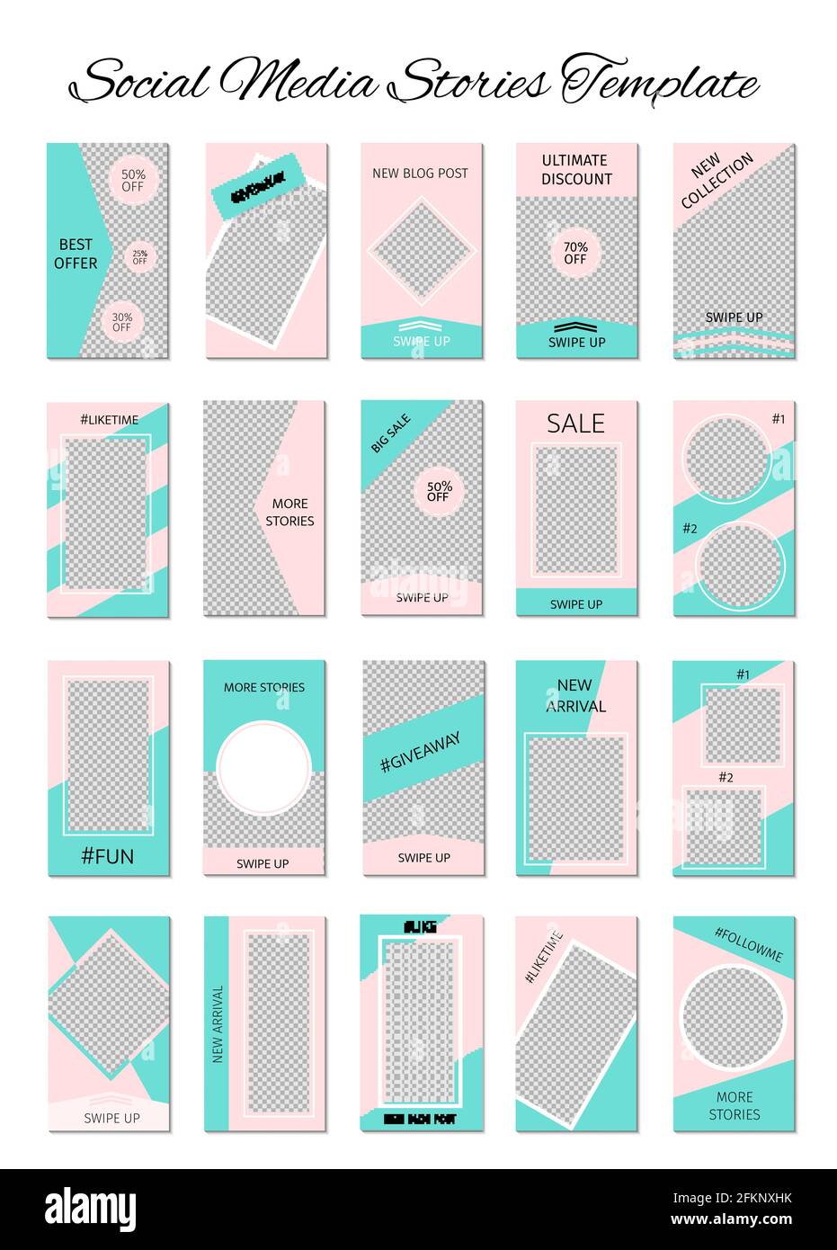 Vorlage für Social-Media-Meldungen. Set von 20 Geschichten Layout für Blogger und SMM. Mintgrün und rosa Pastellfarben. Editierbare Webbanner für Mobilgeräte Stock Vektor