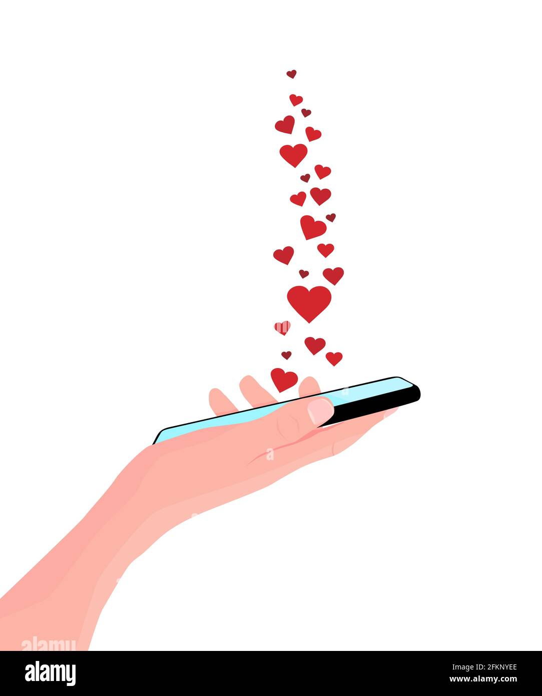 Handy in der Hand. Frau hält schwarzes Smartphone. Touchscreen mit dem Finger berühren. Platz für Text kopieren. Vektorgrafik, weißer Hintergrund Stock Vektor