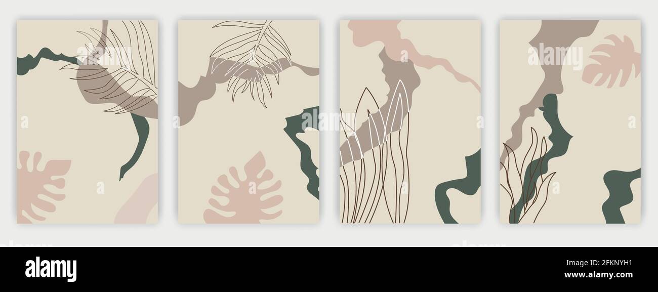 Set of Art Abstract farbige Social Media Cover, Blumen, Herbstblätter und Pflanzen Poster in Pastellfarben. Stock Vektor
