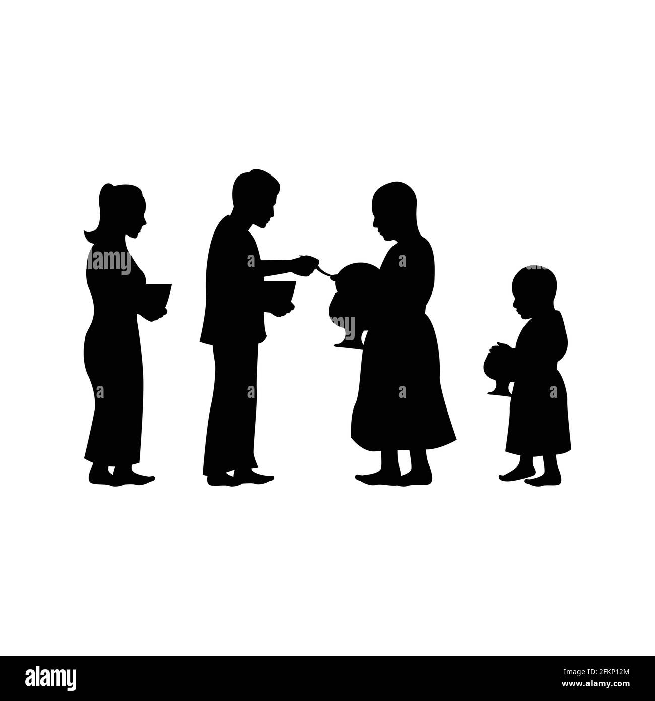 Schwarze Silhouette Design mit isolierten weißen Hintergrund des Paares geben Essen für Gruppe von Mönchen, Vektor-Illustration Stock Vektor
