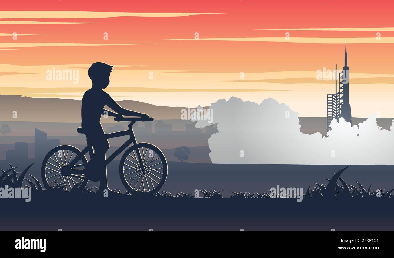 Geschichte erzählen von Silhouette Kunst des Jungen Fahrrad fahren und Stoppen Sie, um Rakete loslassen aussehen, Vektor-Illustration Stock Vektor