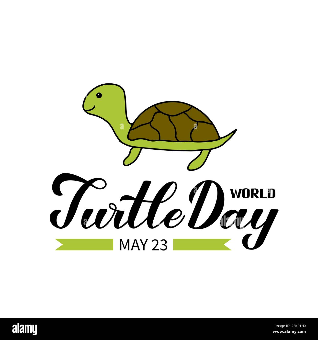 World Turtle Day Kalligraphie-Schriftzug mit lächelnden handgezeichneten Schildkröten isoliert auf weißem Hintergrund. Einfache Bearbeitung von Vektorvorlagen für Postkarten, Banner, Stock Vektor