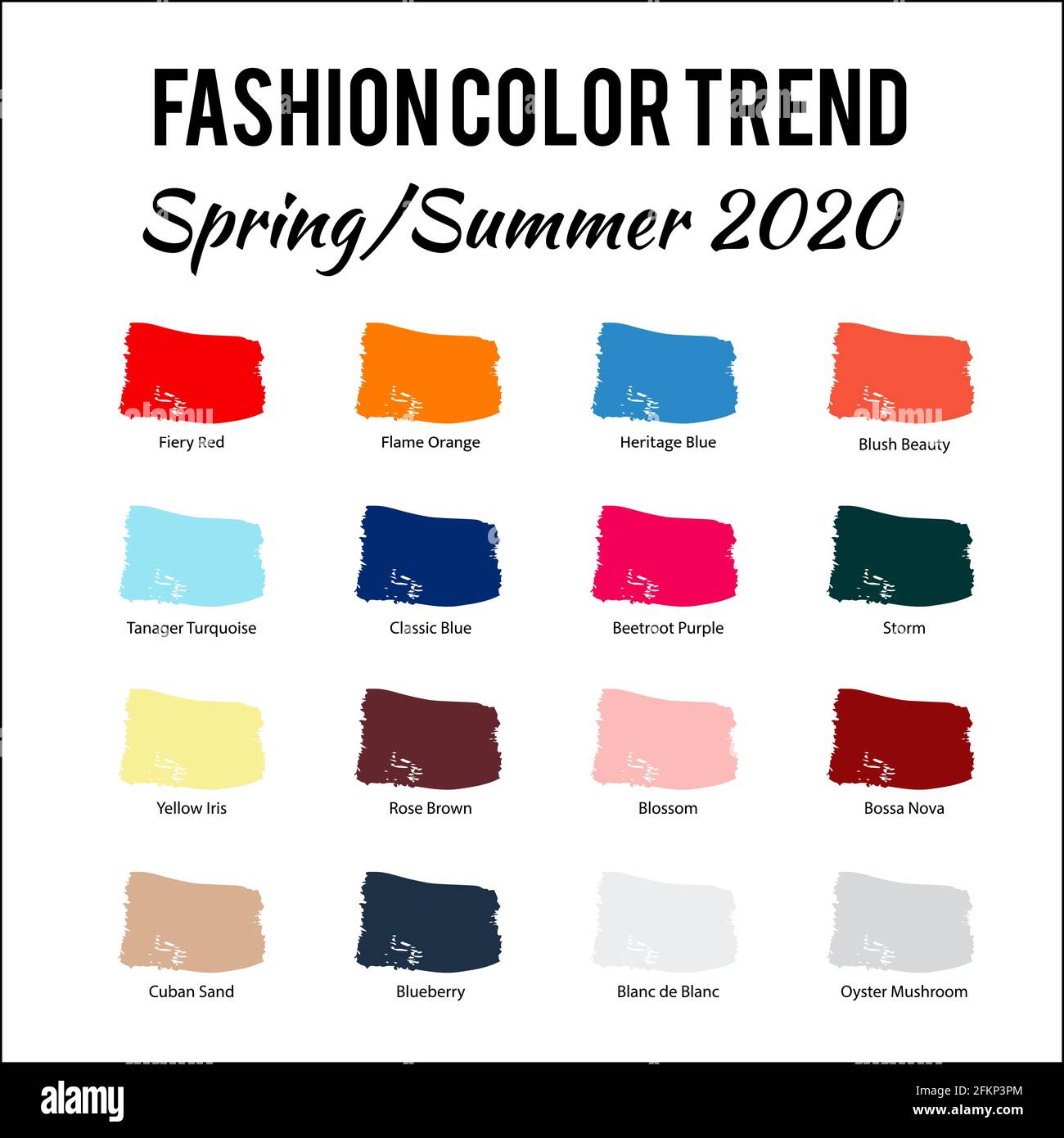 Fashion Color Trend Frühjahr Sommer 2020. Trendige Farbpalette. Pinselstriche der Farbe mit Namensfeldern. Einfache Bearbeitung der Vektorvorlage für Stock Vektor