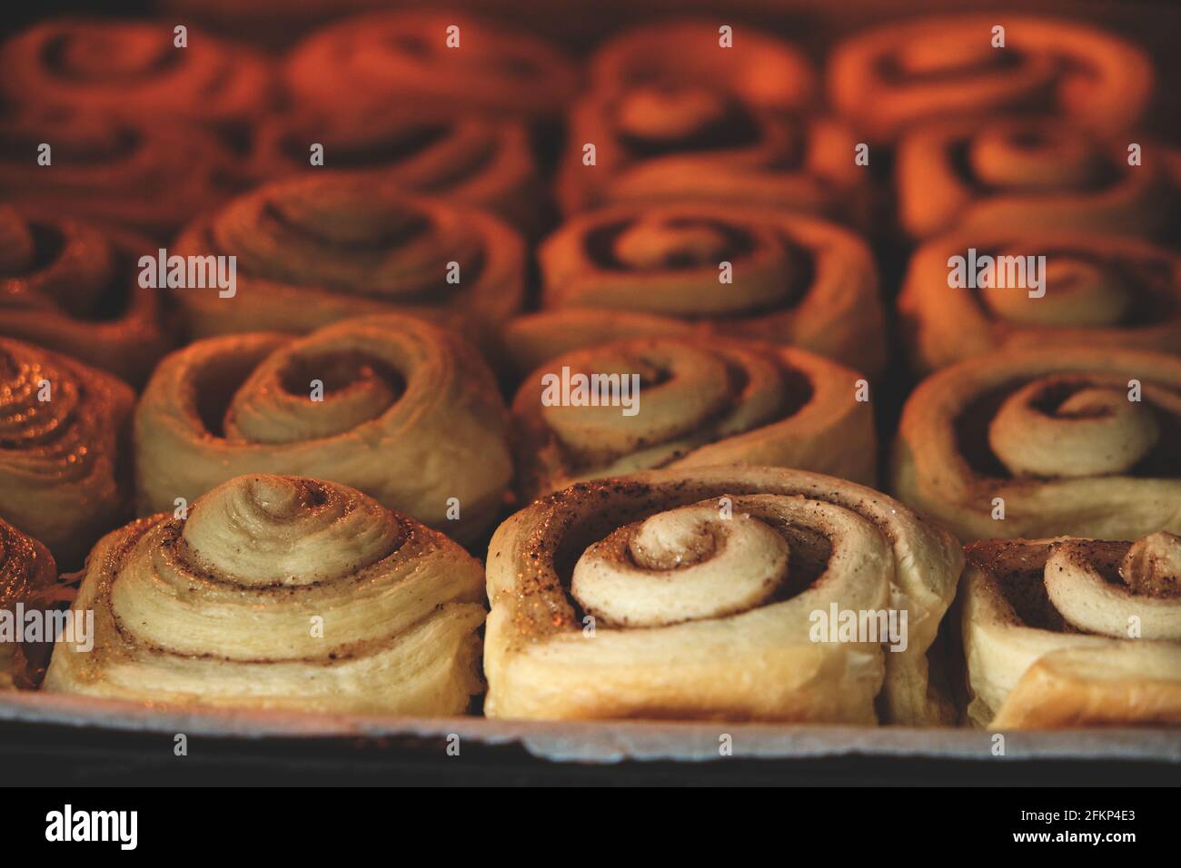 Zimtrollen werden im Ofen gebacken, hausgemachte Kuchen Stockfoto