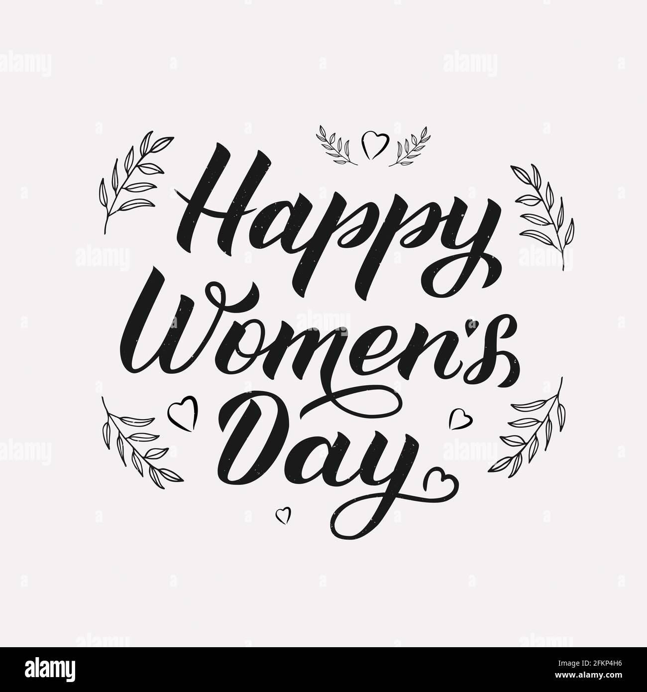 Damen Tag Grußkarte mit Kalligraphie Schriftzug Happy Women s Day und handgezeichneten floralen Elementen und Herzen auf weiß. Vektorgrafik. Einfach zu Stock Vektor