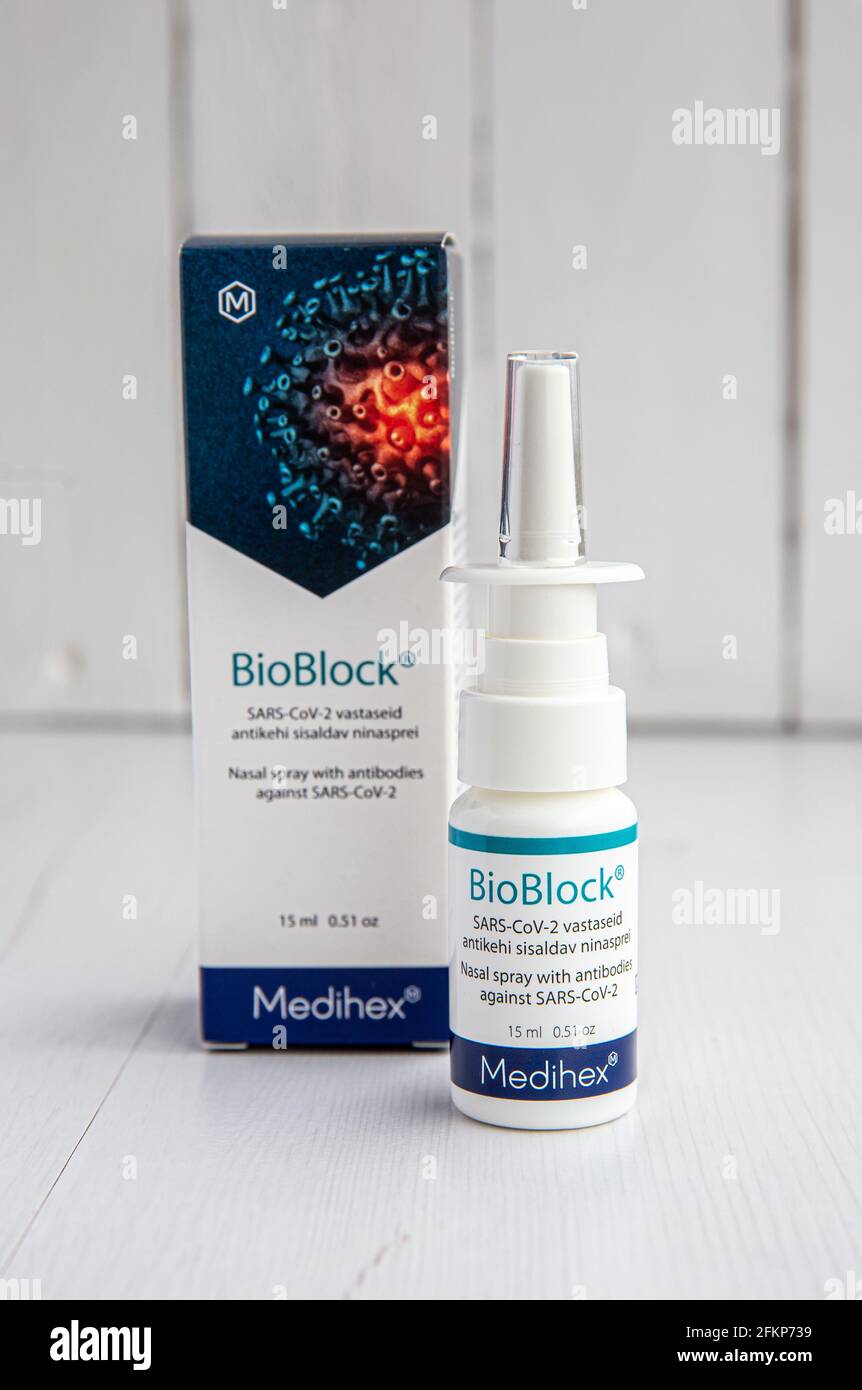 Tallinn, Harjumaa, Estland- 03MAY2021: Neues innovatives Nasenspray gegen COVID-19, genannt BioBlock gegen SARS-CoV-2 von Medihex. Stockfoto