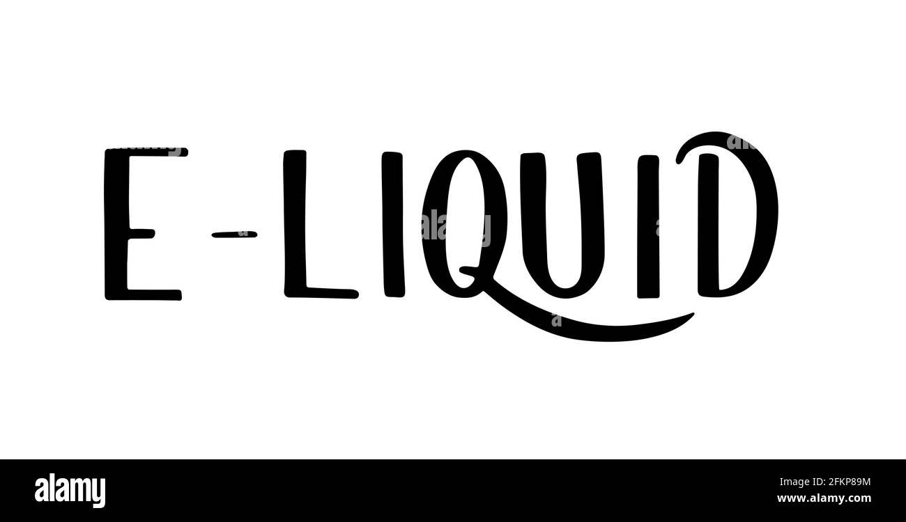 E-Liquid handgeschriebener Schriftzug isoliert auf weißem Hintergrund. Minimalistisches Logo für Vape Shop. Etikett für verdampfenden Saft. Vektorgrafik. Einfach zu bearbeiten Stock Vektor