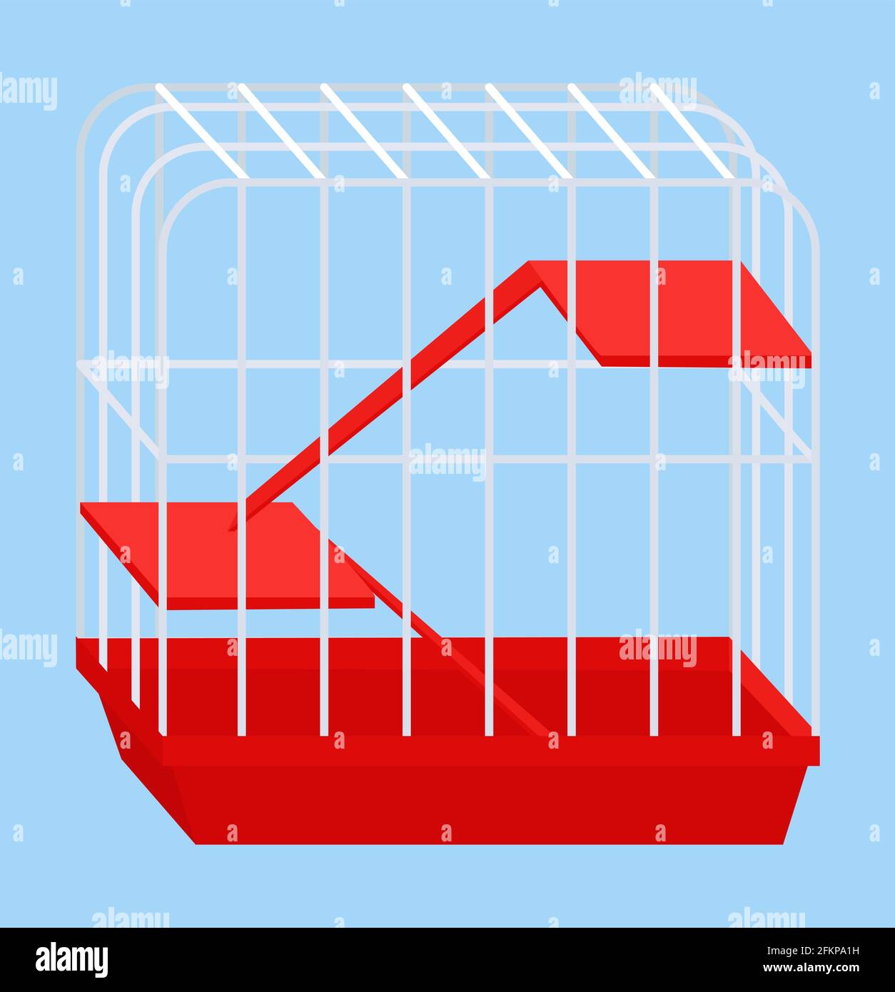 Hamster Käfig, rote Kunststoff-Haustierausrüstung isoliert auf blau. Cartoon flache Vektor-Illustration von Tierhaus. Stock Vektor