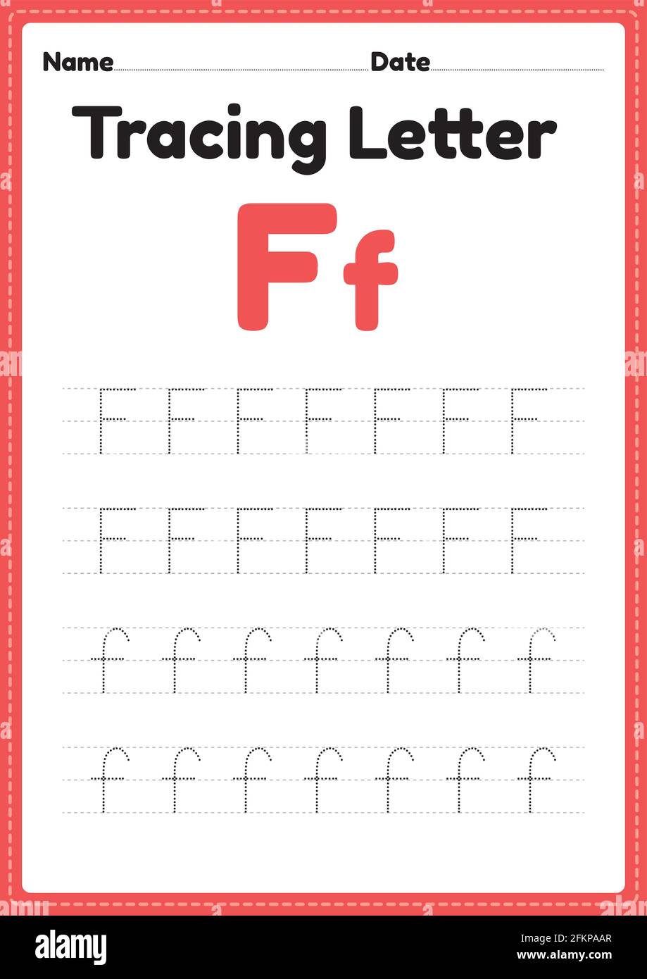 Tracing Letter f Alphabet Arbeitsblatt für Kindergarten und Vorschulkinder Für Handschriftübungen und pädagogische Aktivitäten auf einer druckbaren Seite illust Stock Vektor