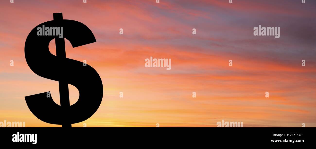 Dollar-Symbol auf dem Hintergrund des Sonnenuntergangs Himmel Stockfoto