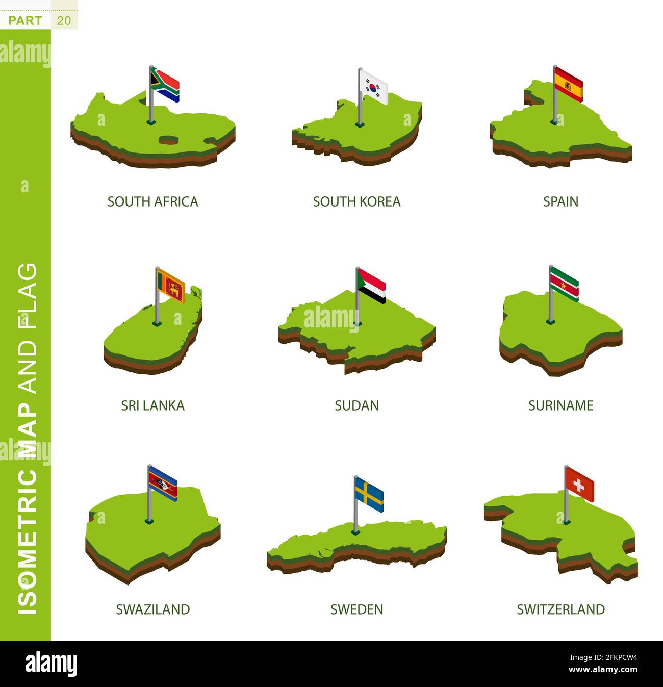 Set aus 9 isometrischen Karten und Flaggen, 3D-Vektor-isometrische Form von Südafrika, Südkorea, Spanien, Sri Lanka, Sudan, Suriname, Swasiland, Schweden, Schweiz Stock Vektor
