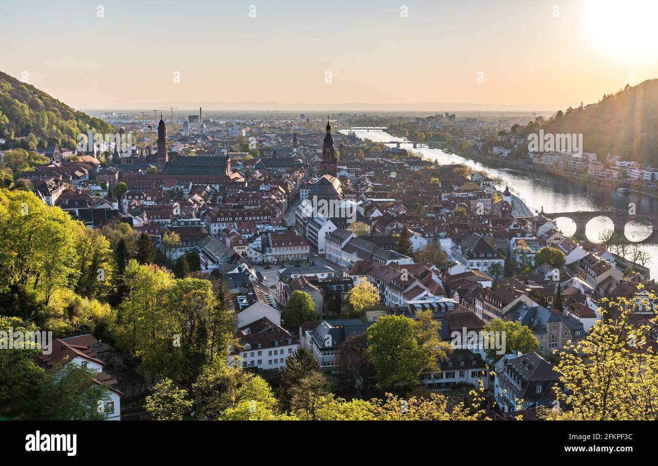 Heidelberger Panorama mit Altstadt, alter Brücke und Neckar an einem sonnigen Frühlingsabend Stockfoto