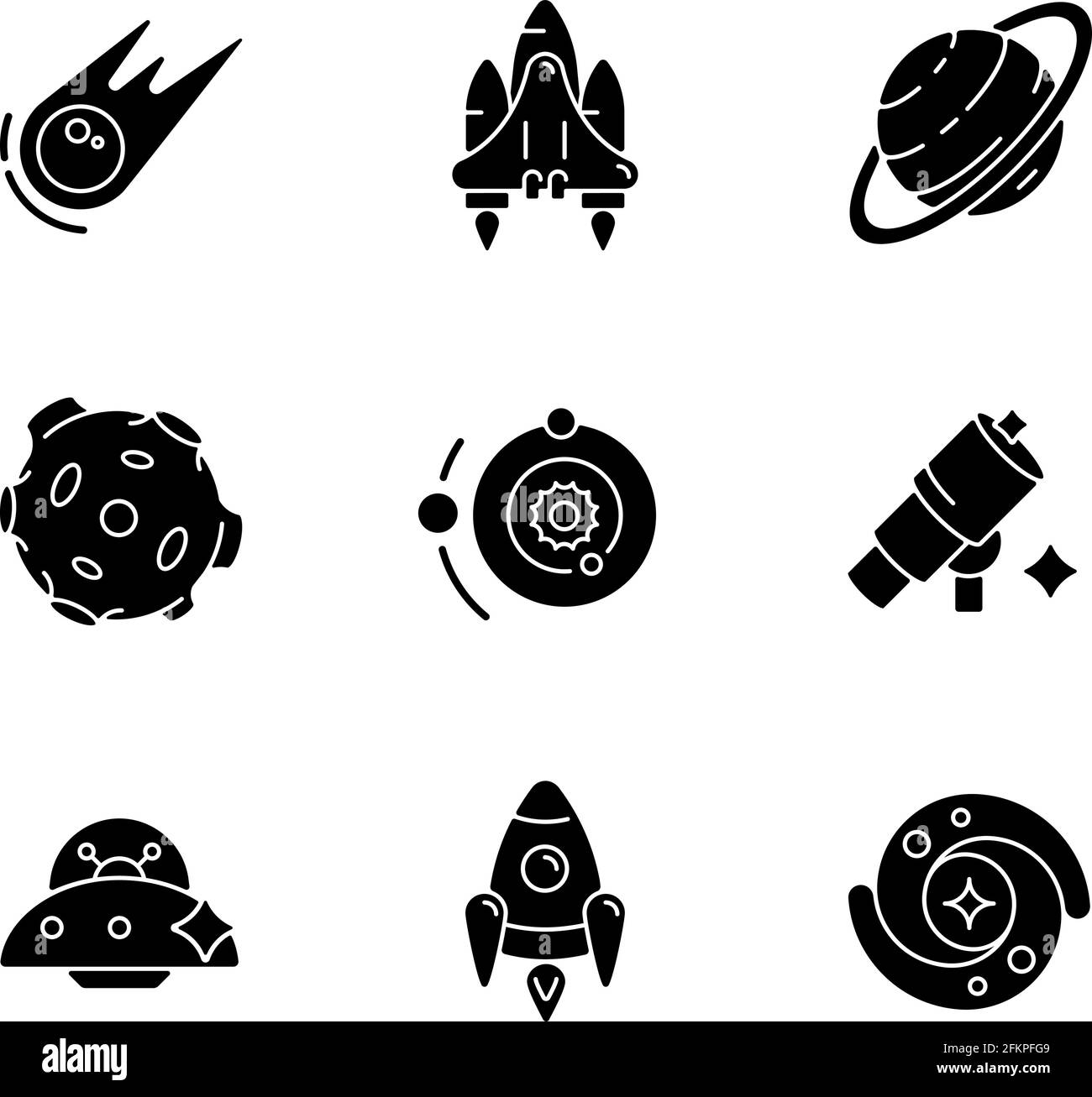 Schwarze Glyphen-Symbole für die Raumfahrt im weißen Raum Stock Vektor