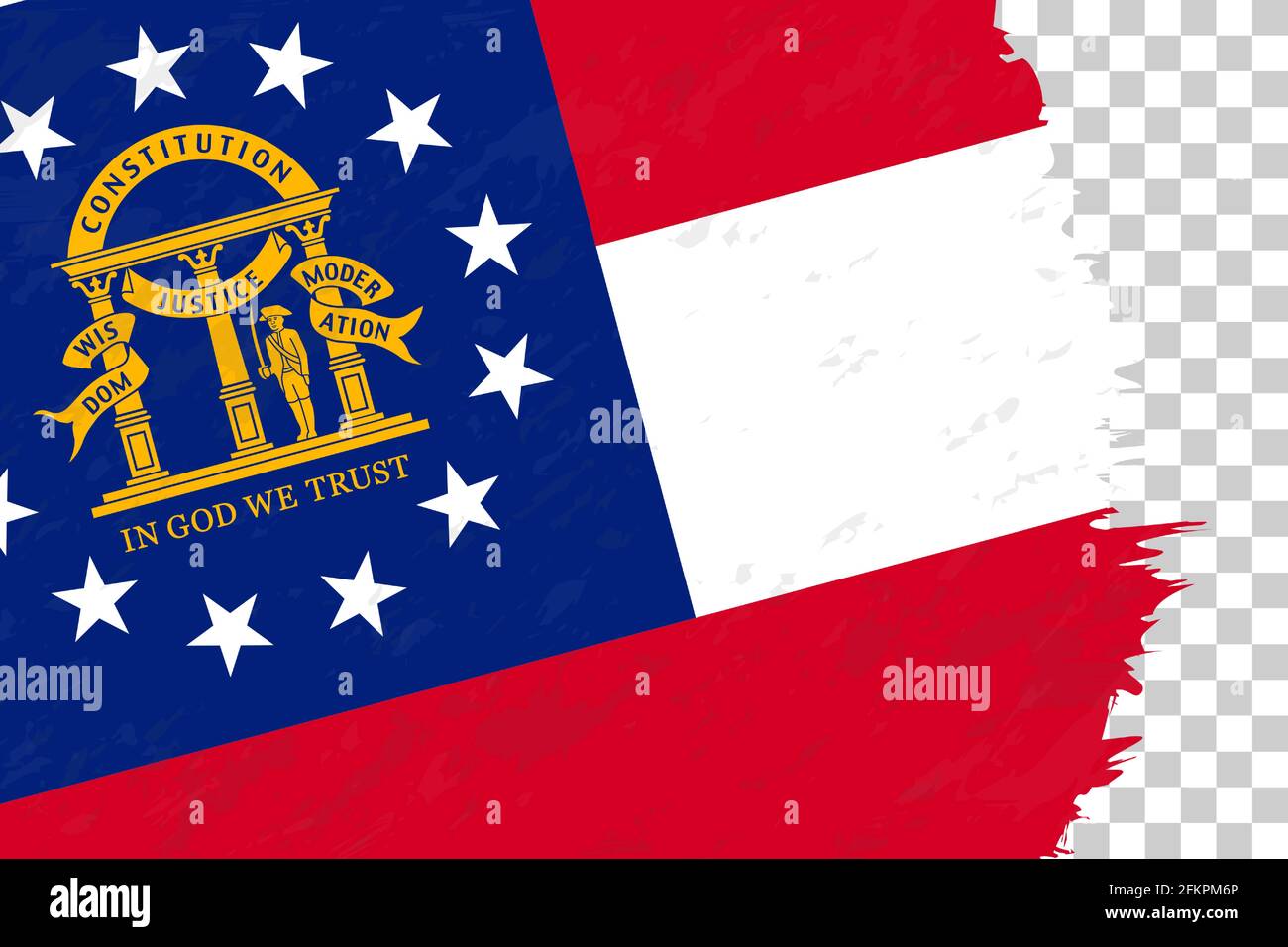 Horizontale abstrakte Grunge gebürstete Flagge Georgiens auf transparentem Gitter. Vektorvorlage. Stock Vektor